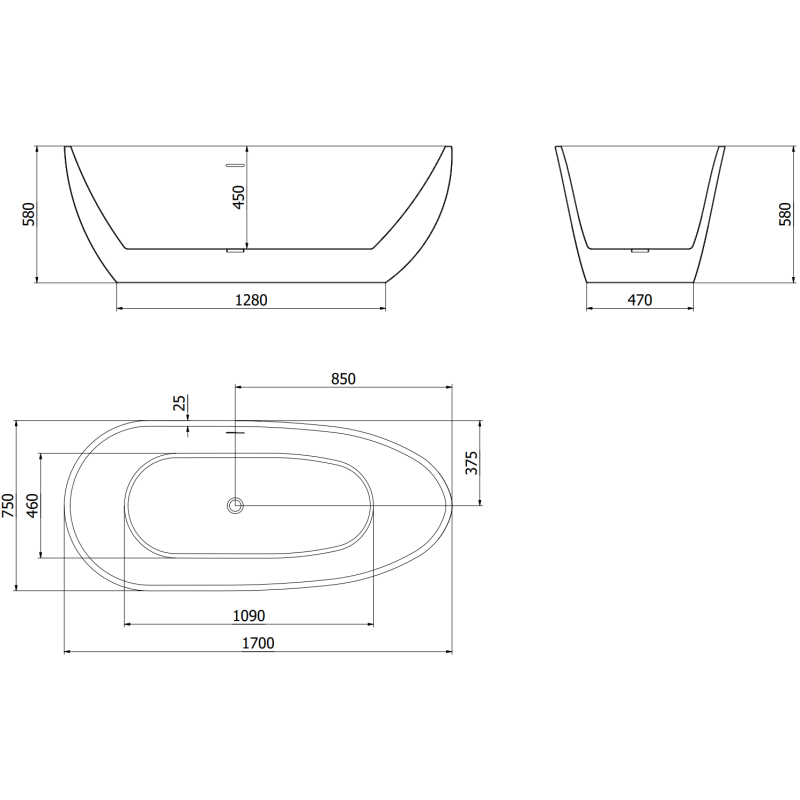 Mexen Eos free-standing bathtub 170 x 75 cm, white/black, white overflow - 52471707575-20