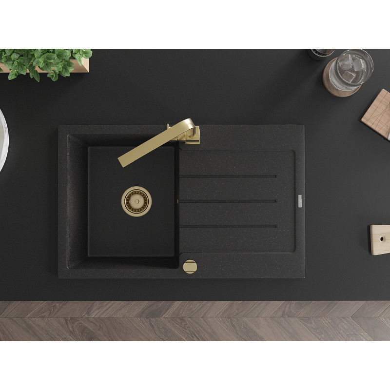 Mexen Bruno granite sink 1-bowl with drainer and kitchen tap Rita, black/silver metallic - 6513-73-670300-50
