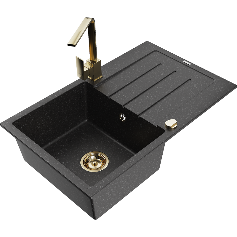 Mexen Bruno 1-compartment granite sink with a drip tray and kitchen mixer tap Rita, Black/Silver metallic - 6513-73-670300-50