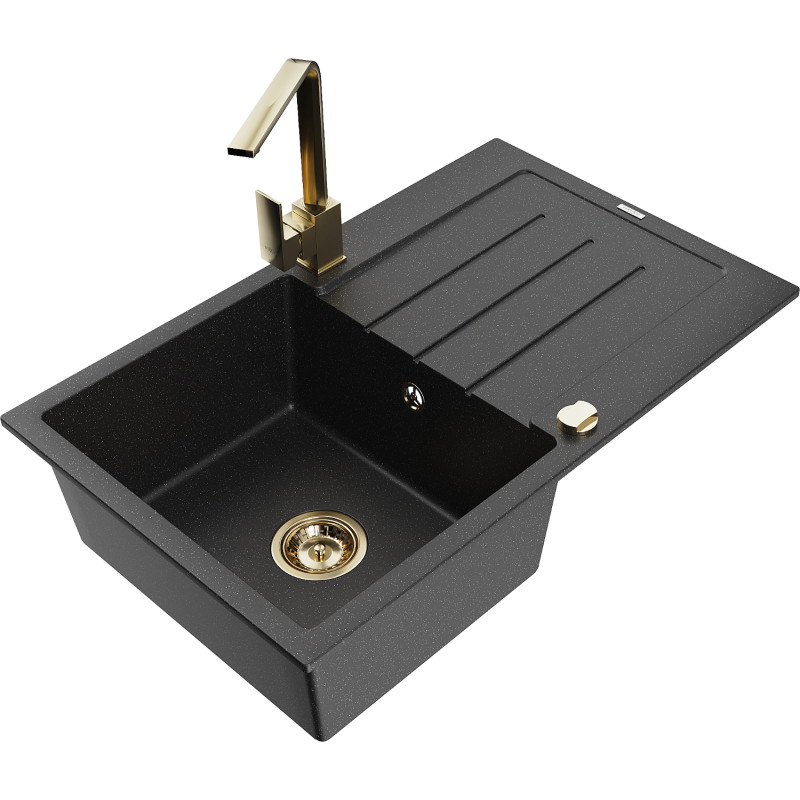 Mexen Bruno granite kitchen sink single-bowl with drainer and Rita faucet, black/silver metallic - 6513-73-670300-50