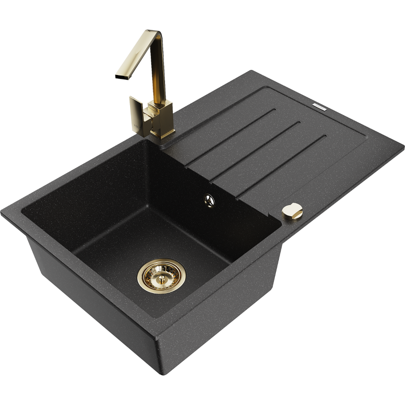 Mexen Bruno granite sink 1-bowl with drainer and kitchen tap Rita, black/silver metallic - 6513-73-670300-50