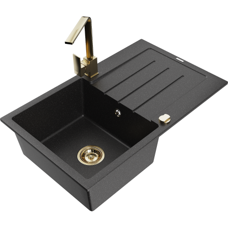 Mexen Bruno granite kitchen sink single-bowl with drainer and Rita faucet, black/silver metallic - 6513-73-670300-50