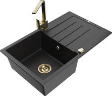 Mexen Bruno granite sink 1-bowl with drainer and kitchen tap Rita, black/silver metallic - 6513-73-670300-50
