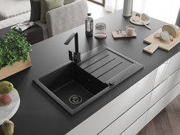 Mexen Bruno granite kitchen sink single-bowl with drainer and Rita kitchen tap, black/silver metallic - 6513-73-670300-70-B