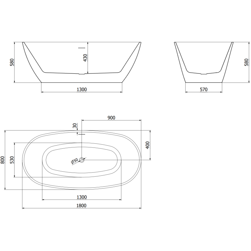 Mexen Eris freestanding bathtub 180 x 80 cm, white/black, gun metal overflow - 53441808075-95