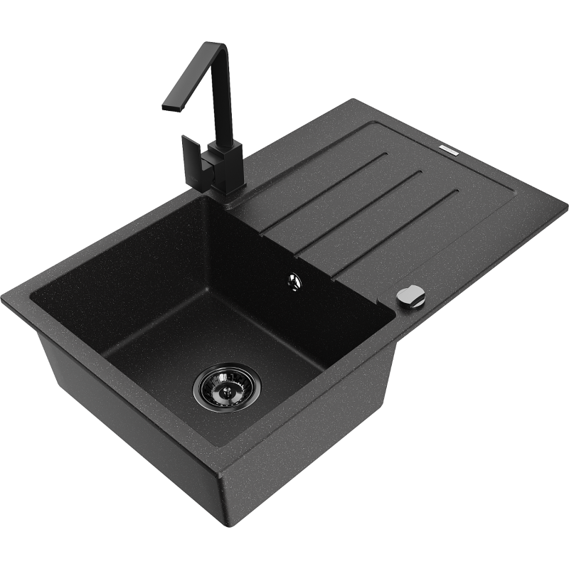 Mexen Bruno granite kitchen sink single-bowl with drainer and Rita kitchen tap, black/silver metallic - 6513-73-670300-70-B
