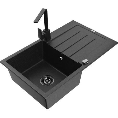 Mexen Bruno granite sink 1-bowl with drainer and kitchen faucet Rita, black/silver metallic - 6513-73-670300-70-B