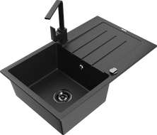 Mexen Bruno granite sink 1-bowl with drainer and kitchen faucet Rita, black/silver metallic - 6513-73-670300-70-B