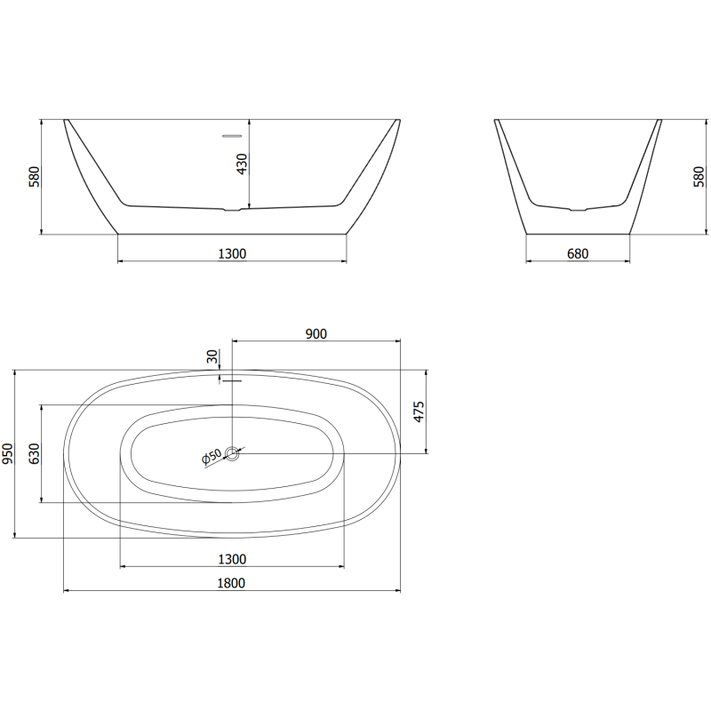 Mexen Eris freestanding bathtub 180 x 95 cm, white/black, overflow rose gold - 53441809575-60