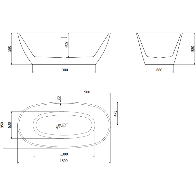 Mexen Eris freestanding bathtub 180 x 95 cm, white/black, gold overflow - 53441809575-50