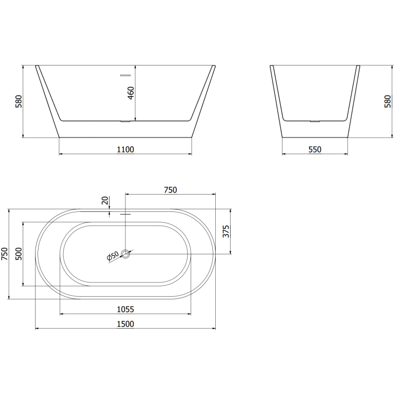Mexen Flavia freestanding bathtub 150 x 75 cm, white, chrome overflow - 54031507500