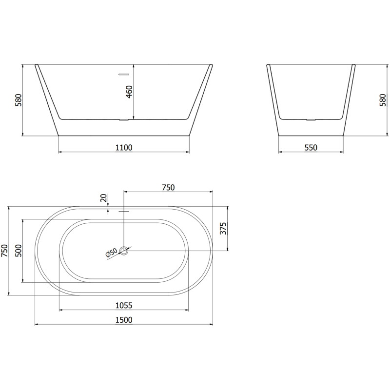 Mexen Flavia freestanding bathtub 150 x 75 cm, white, black overflow - 54031507500-B