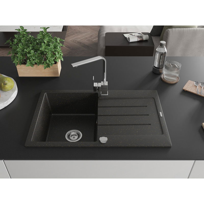 Mexen Bruno 1-bowl granite sink with drainer and Rita kitchen tap, black/gold metallic - 6513-75-670300-00