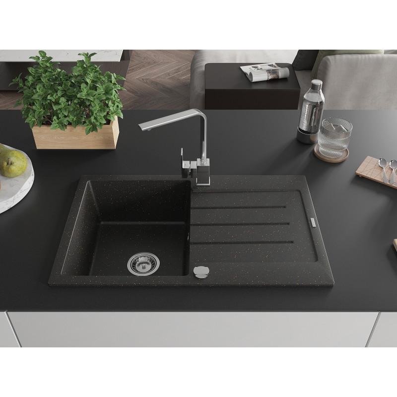 Mexen Bruno granite kitchen sink 1-bowl with drainer and kitchen faucet Rita, black/gold metallic - 6513-75-670300-00