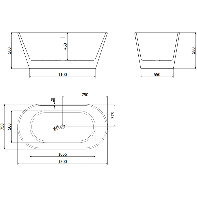 Mexen Flavia freestanding bathtub 150 x 75 cm, white/black, gold overflow - 54031507575-50