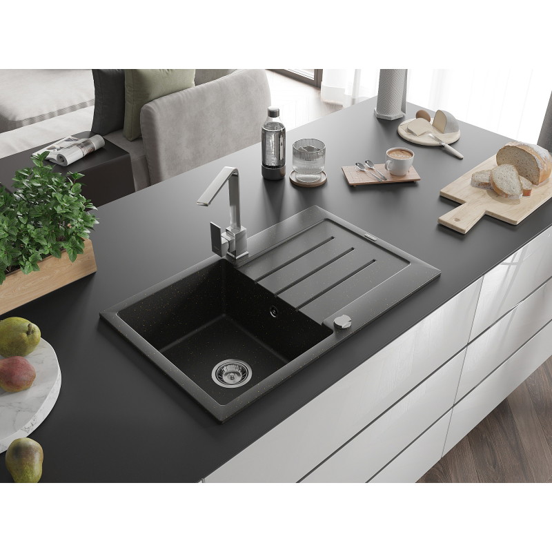 Mexen Bruno granite kitchen sink 1-bowl with drainer and kitchen faucet Rita, black/gold metallic - 6513-75-670300-00