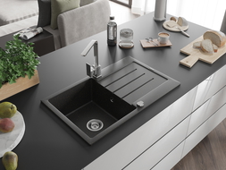 Mexen Bruno 1-compartment granite sink with a drip tray and kitchen mixer tap Rita, Black/Gold metallic - 6513-75-670300-00
