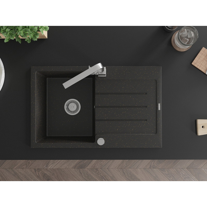 Mexen Bruno granite kitchen sink 1-bowl with drainer and kitchen faucet Rita, black/gold metallic - 6513-75-670300-00