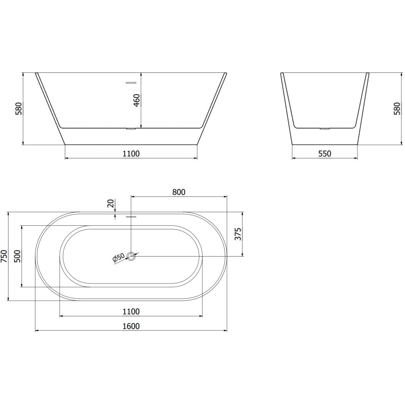 Mexen Flavia freestanding bathtub 160 x 75 cm, white/black, brushed gun gray overflow - 54031608075-66