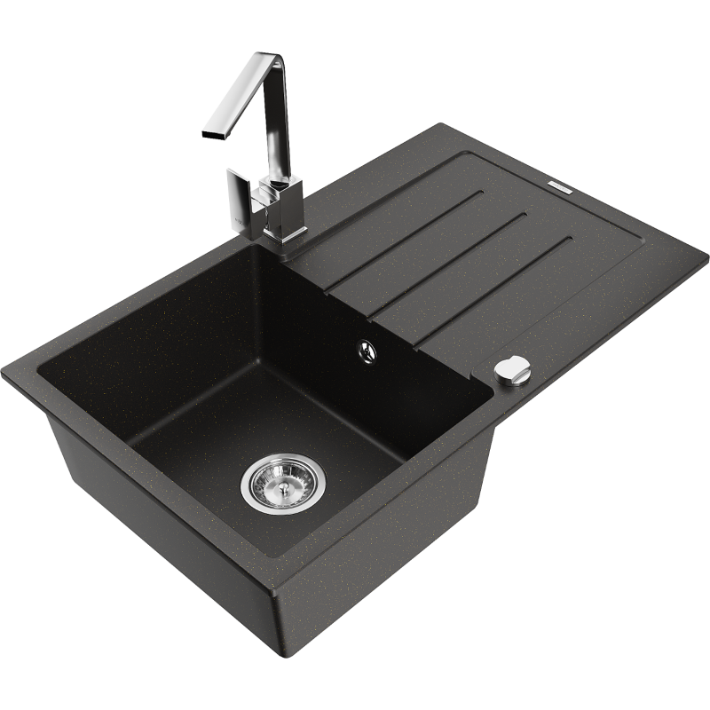 Mexen Bruno 1-bowl granite sink with drainer and Rita kitchen tap, black/gold metallic - 6513-75-670300-00