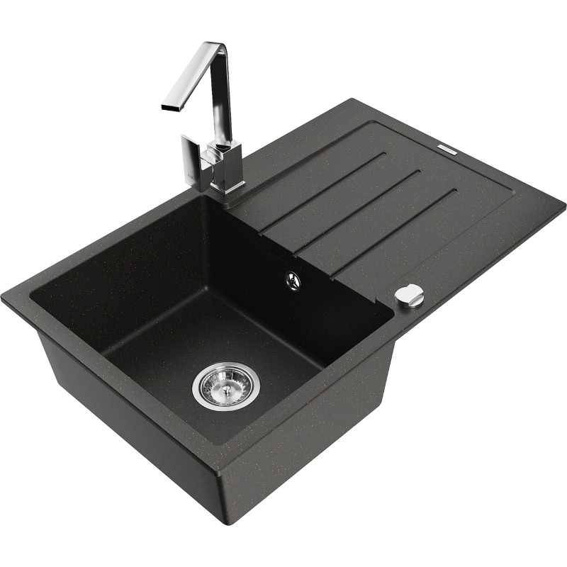 Mexen Bruno granite kitchen sink 1-bowl with drainer and kitchen faucet Rita, black/gold metallic - 6513-75-670300-00