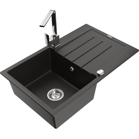 Mexen Bruno 1-bowl granite sink with drainer and Rita kitchen tap, black/gold metallic - 6513-75-670300-00