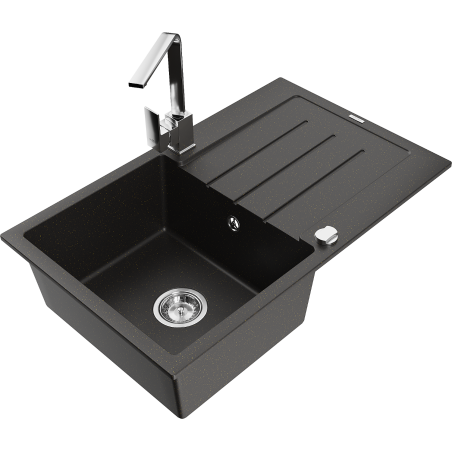 Mexen Bruno granite kitchen sink 1-bowl with drainer and kitchen faucet Rita, black/gold metallic - 6513-75-670300-00