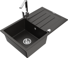 Mexen Bruno granite single-bowl kitchen sink with drainer and Rita kitchen faucet, black/gold metallic - 6513-75-670300-00