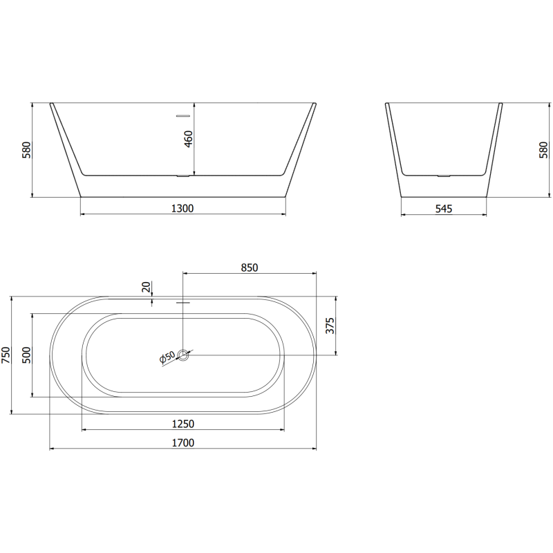 Mexen Flavia freestanding bath 170 x 75 cm, white/black, white overflow - 54031708075-20
