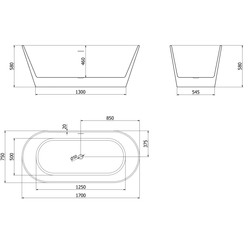 Mexen Flavia freestanding bath 170 x 75 cm, white/black, brushed copper overflow - 54031708075-65