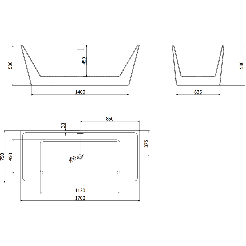 Mexen Lita 170 x 75 cm Freestanding Bath, White/Black, Gold Overflow - 52121707575-50
