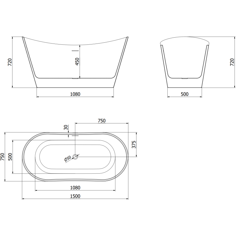 Mexen Montana freestanding bathtub 150 x 75 cm, white/black, gold overflow - 52011507575-50