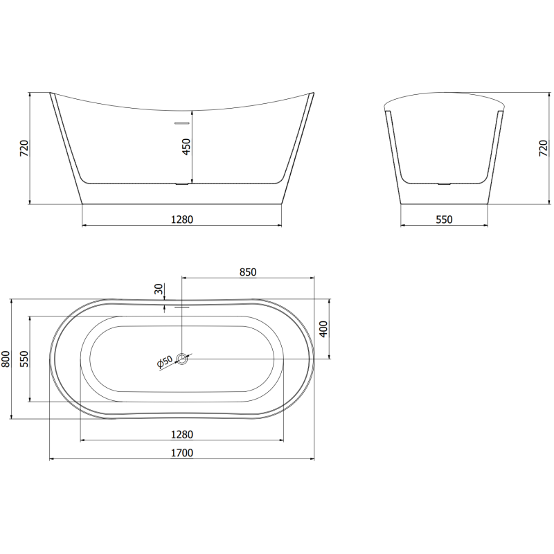 Mexen Montana freestanding bathtub 170 x 80 cm, white, black overflow - 52011708000-70