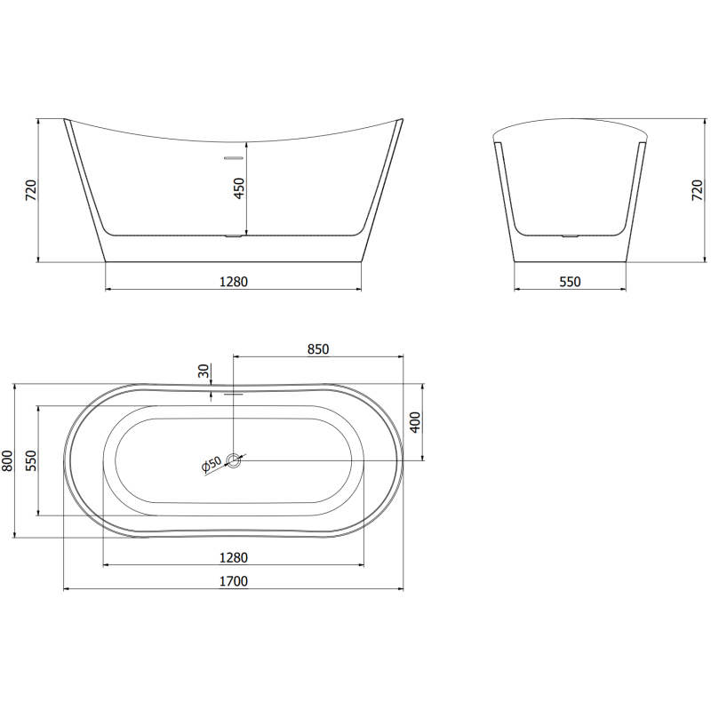 Mexen Montana freestanding bathtub 170 x 80 cm, white/black, gun metal overflow - 52011708075-95