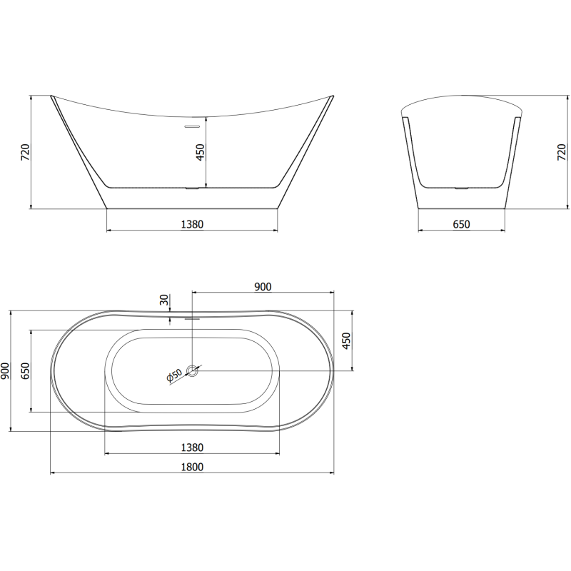 Mexen Montana free-standing bath 180 x 90 cm, white, gun metal overflow - 52011809000-95
