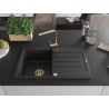 Mexen Bruno 1-bowl granite sink with drainer and Rita kitchen tap, black/gold metallic - 6513-75-670300-50