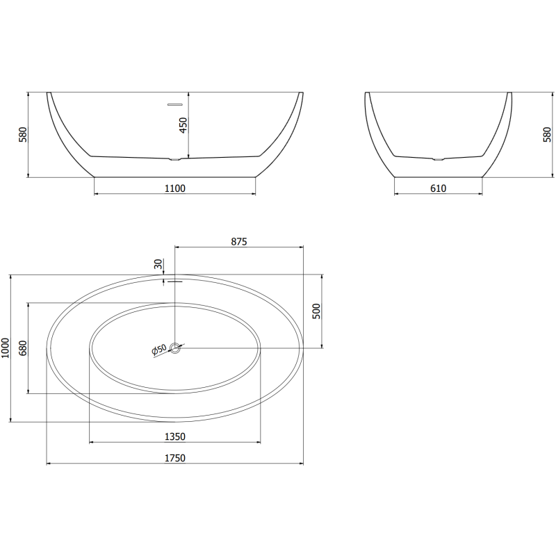 Mexen Nike freestanding bath 175 x 100 cm, white, brushed nickel overflow - 54071751000-97