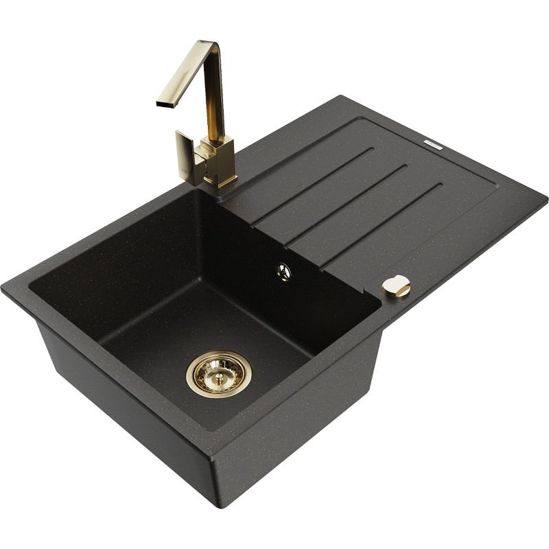 Mexen Bruno Granite Kitchen Sink 1-Bowl with Drainer and Rita Faucet, Black/Gold Metallic - 6513-75-670300-50