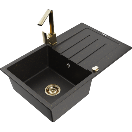 Mexen Bruno 1-bowl granite sink with drainer and kitchen faucet Rita, black/gold metallic - 6513-75-670300-50