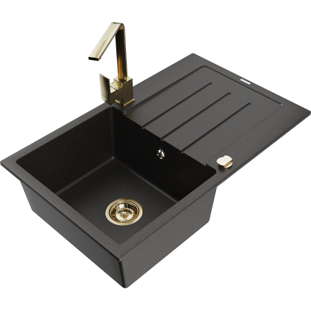 Mexen Bruno 1-bowl granite sink with drainer and Rita kitchen tap, black/gold metallic - 6513-75-670300-50