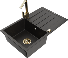 Mexen Bruno 1-bowl granite sink with drainer and kitchen faucet Rita, black/gold metallic - 6513-75-670300-50