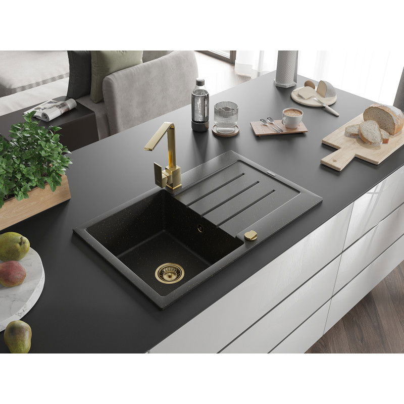Mexen Bruno 1-bowl granite sink with drainer and Rita kitchen tap, black/gold metallic - 6513-75-670300-50