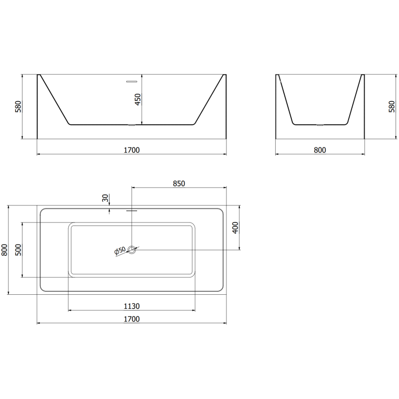 Mexen Nita freestanding bath 170 x 80 cm, white, white overflow - 52091708000-20
