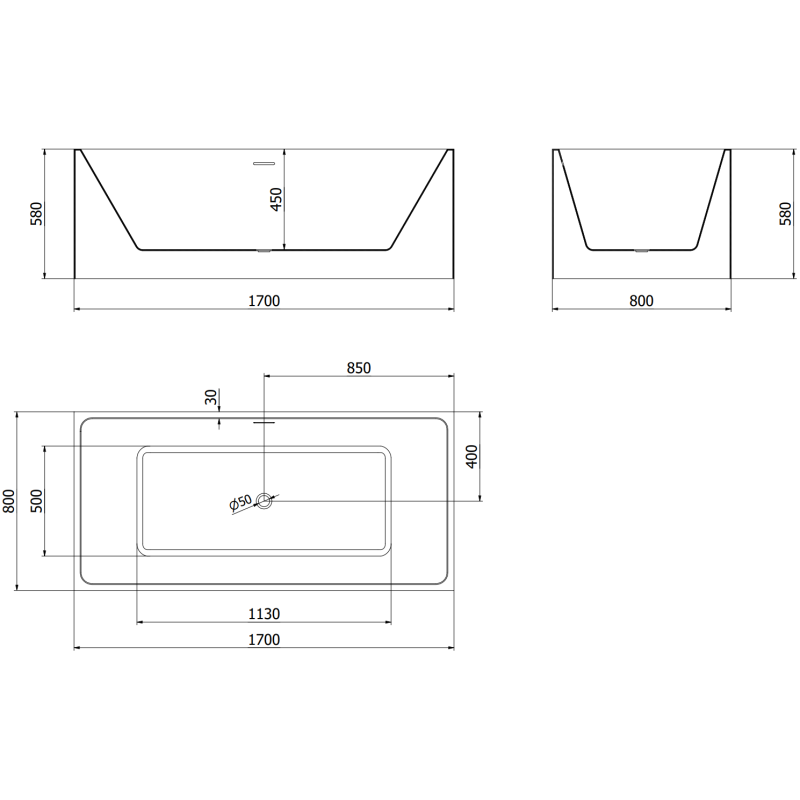 Mexen Nita free-standing bath 170 x 80 cm, white, brushed gun gray overflow - 52091708000-66
