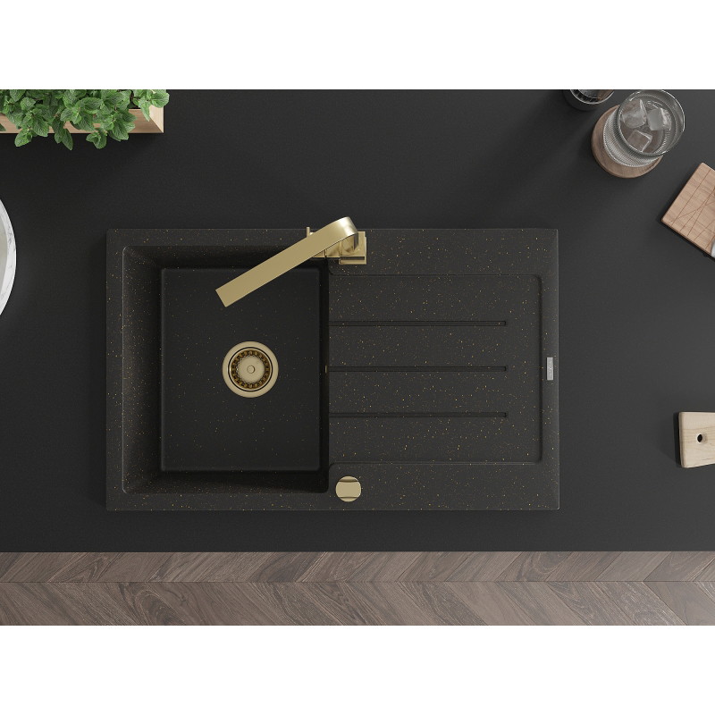Mexen Bruno 1-bowl granite sink with drainer and kitchen faucet Rita, black/gold metallic - 6513-75-670300-50
