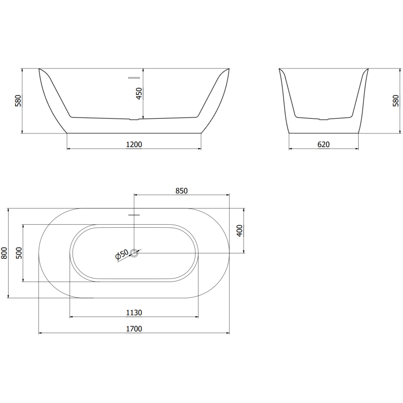 Mexen Roxy free-standing bath 170 x 80 cm, white, brushed gold overflow - 51201708000-55