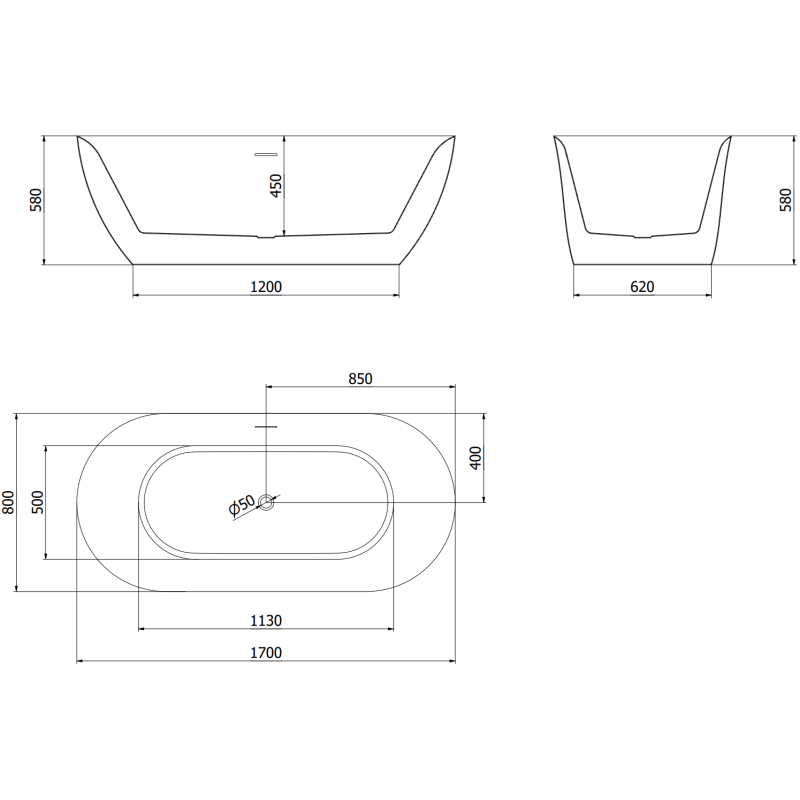 Mexen Roxy free-standing bath 170 x 80 cm, white/black, brushed nickel overflow - 51201708075-97