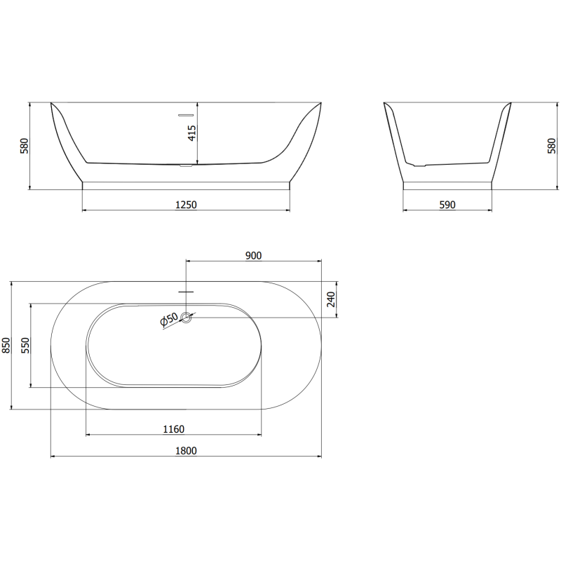Mexen Roxy freestanding bath 180 x 85 cm, white/black, brushed copper overflow - 51201808575-65
