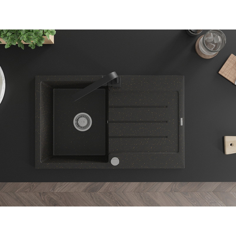 Mexen Bruno granite kitchen sink 1-bowl with drainer and kitchen faucet Rita, black/silver metallic - 6513-73-670300-70