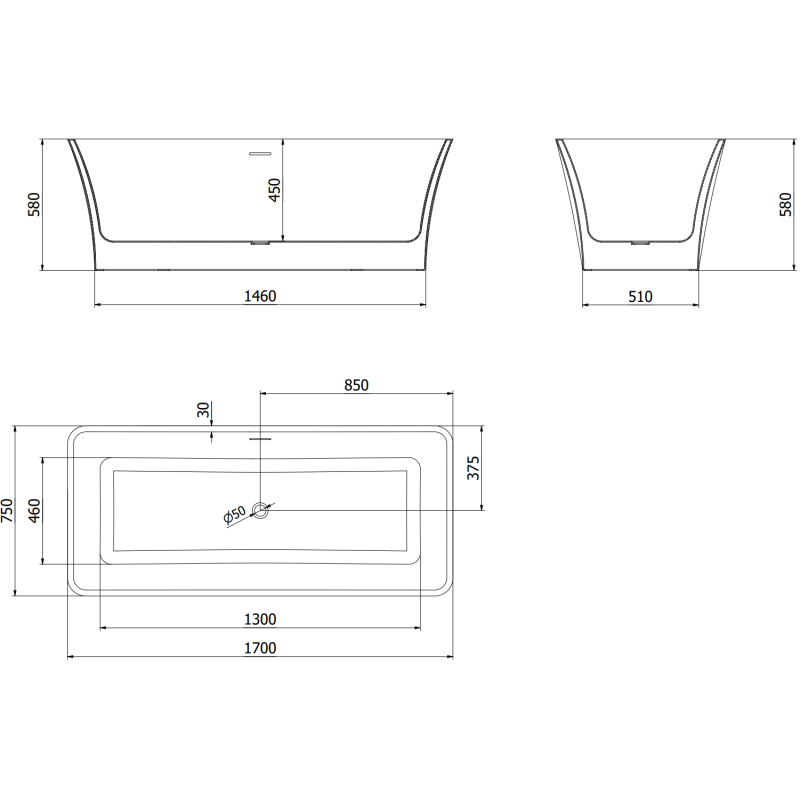Mexen Tonia 170 x 75 cm Freestanding Bath, White, Black Overflow - 52171707500-70